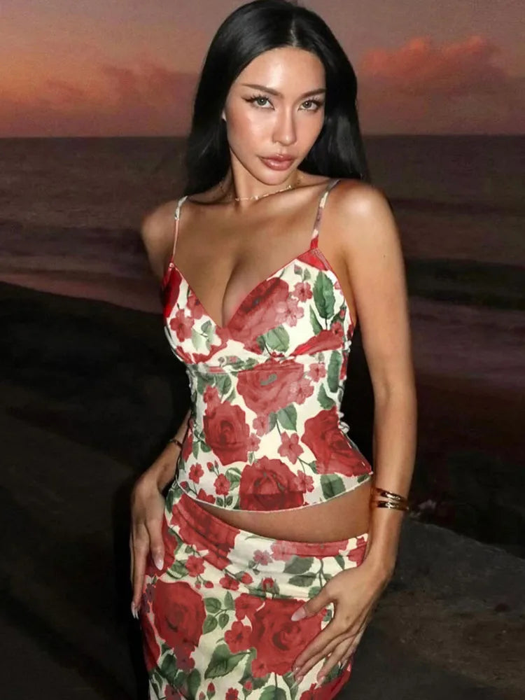 Floral Print Sexy Skirt Two Piece Sets Women Fashion Sleeveless Crop Tops And Long Skirt Femme Printed Two Piece Sets