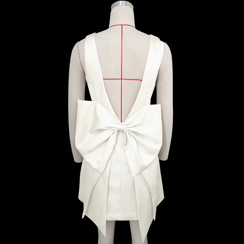 Backless Bow Sexy Mini Dress Women Robe Fashion Solid O Neck Sleeveless High Waist Club Party Elegant Dress Clubwear