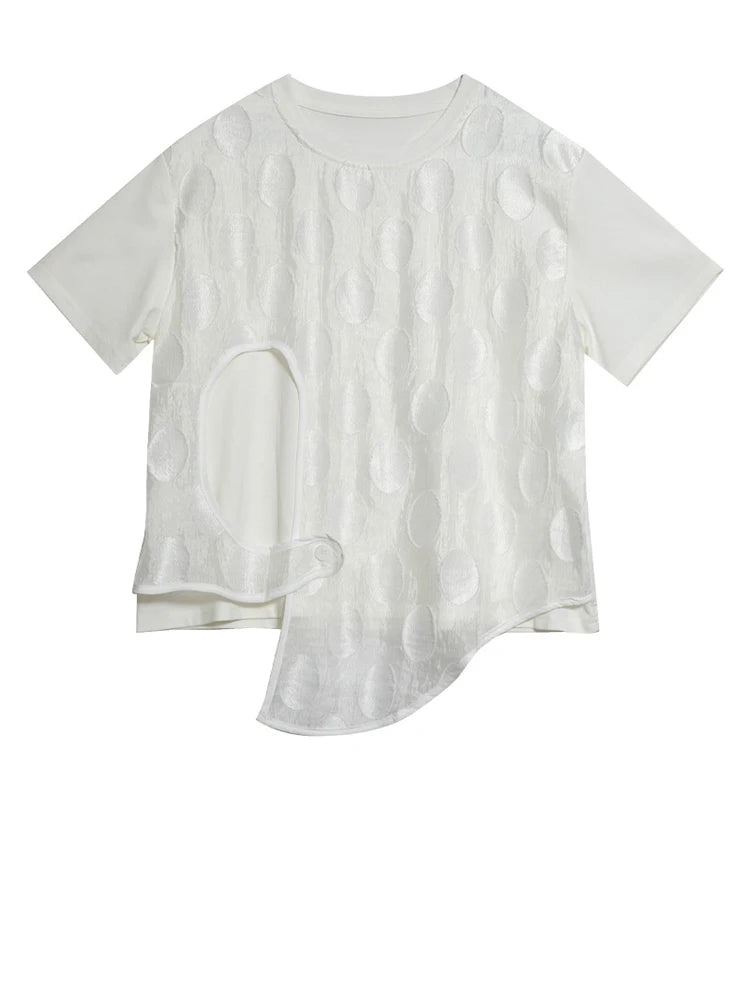 Women White Dot Printed Irregular Big Size T-shirt New Round Neck Short Sleeve Fashion Tide Spring Summer 2025 1DJ1011