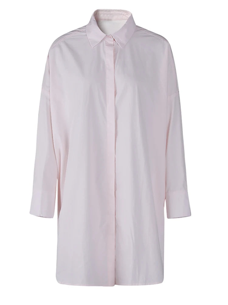 Women pink Color Brief Big Size Long Casual Blouse New Lapel Long Sleeve Shirt Fashion Tide Spring Autumn 2025 1LD2024