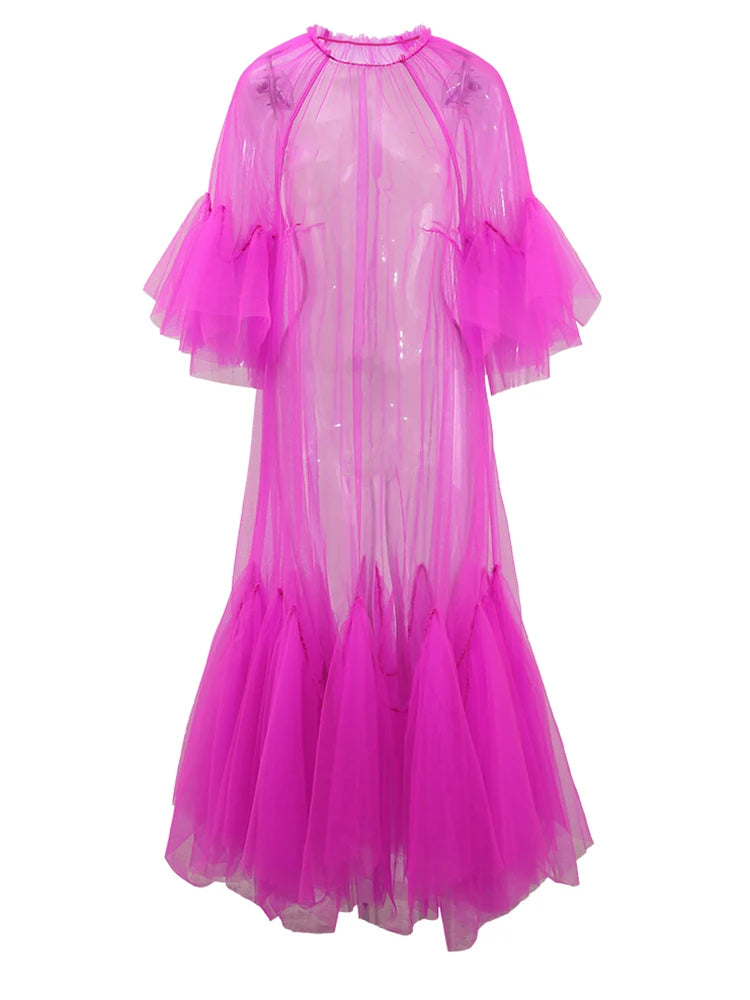 Women Purple Ruffles Mesh Perspective Big Size Long Dress New Round Neck Half Sleeve Fashion Spring Summer 2025 JR7711
