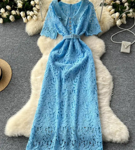 Summer Solid High Waist Button Birthday Lace Long Dress Women French Retro Elegant Short Sleeve Festival Party Evening Dress New