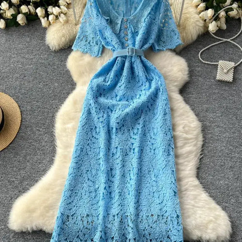 Load image into Gallery viewer, Summer Solid High Waist Button Birthday Lace Long Dress Women French Retro Elegant Short Sleeve Festival Party Evening Dress New
