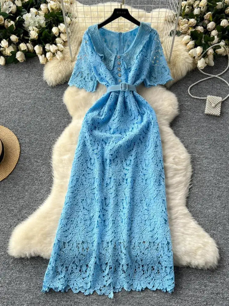 Summer Solid High Waist Button Birthday Lace Long Dress Women French Retro Elegant Short Sleeve Festival Party Evening Dress New