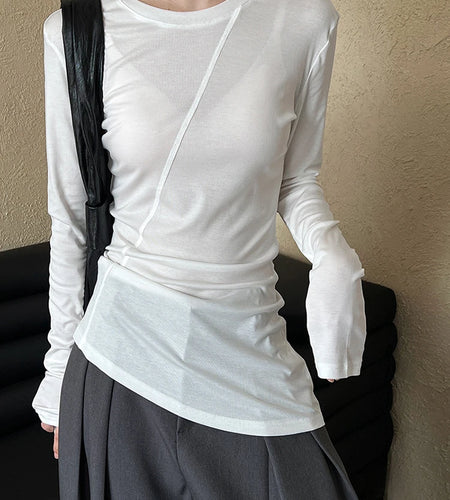 Women Gray Thin Perspective Slim Irregular T-shirt New Round Neck Long Sleeve Fashion Tide Spring Autumn 2025 1DH9981