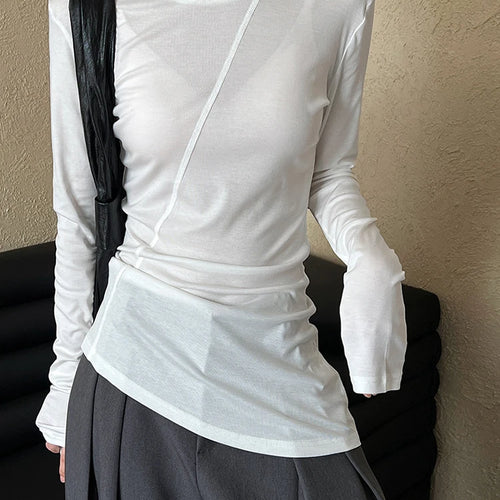 Load image into Gallery viewer, Women Gray Thin Perspective Slim Irregular T-shirt New Round Neck Long Sleeve Fashion Tide Spring Autumn 2025 1DH9981
