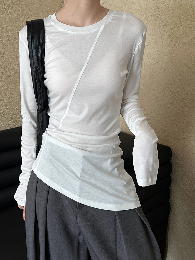 Women Gray Thin Perspective Slim Irregular T-shirt New Round Neck Long Sleeve Fashion Tide Spring Autumn 2025 1DH9981