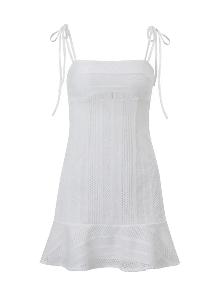 Sexy Spaghetti Strap Mesh Hollow Out Women Dress 2024 Summer New Fashion Street Strap Skirt Party Vacation Beachwear