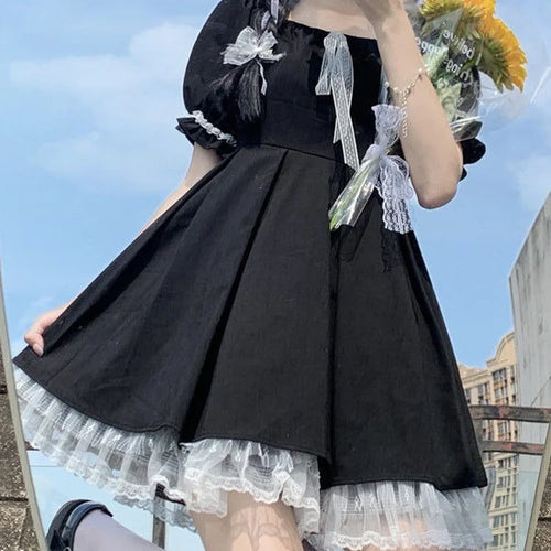 Load image into Gallery viewer, Kawaii Gothic Lolita Dress Women Goth Harajuku Cute Lace Black Puff Sleeve Short Dresses School Jk Summer Girls
