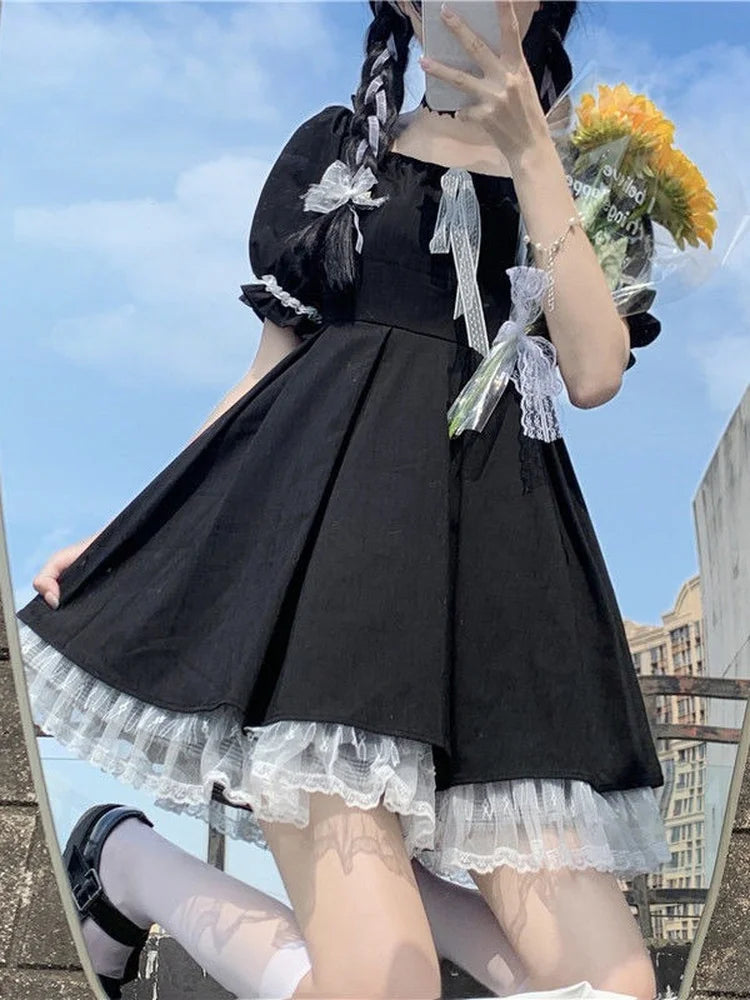 Kawaii Gothic Lolita Dress Women Goth Harajuku Cute Lace Black Puff Sleeve Short Dresses School Jk Summer Girls