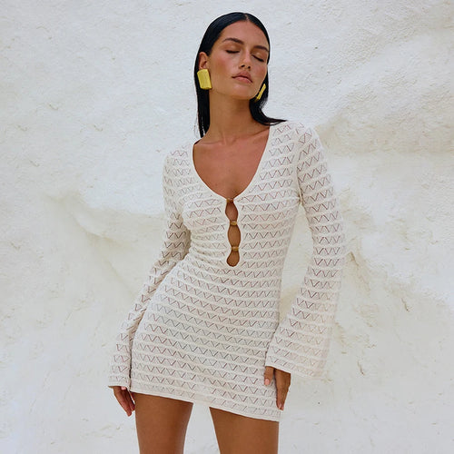 Load image into Gallery viewer, Sexy Knitted Beach Dress For Woman White Hollow Out Deep V Neck Long Sleeve High Waist A-line Knit Dress Knitwear
