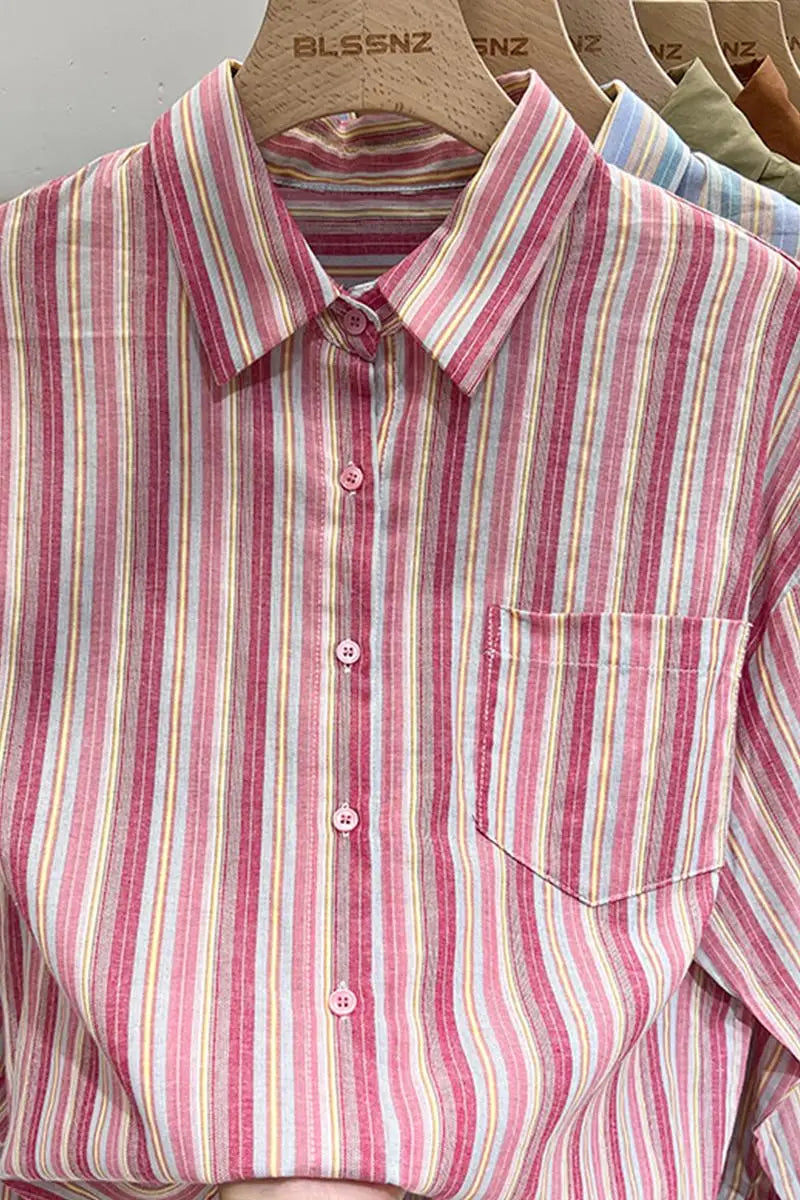 Women Pink Striped Loose Blouse 2023 Office Turn-down Collar Long Sleeve Vintage Blue Patchwork Single Breasted Top Shirt Autumn