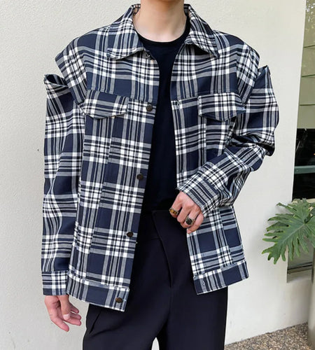 Trendy Off Shoulder Design Male Jacket Multi Pockets Niche Plaid Turn-down Collar Top 2025 Spring Fashion Tide 9W1278