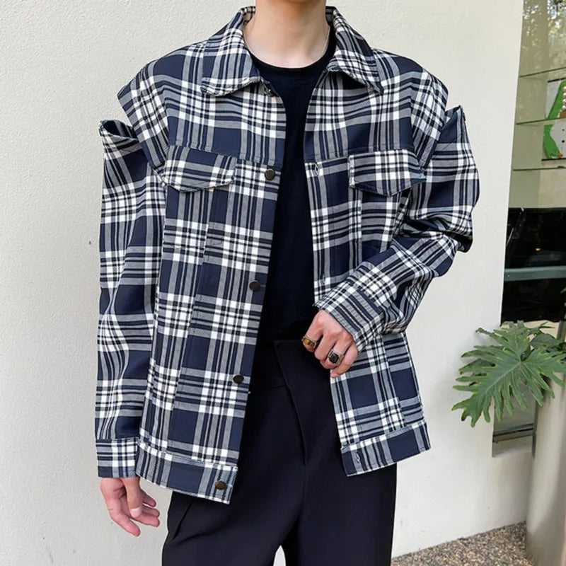 Trendy Off Shoulder Design Male Jacket Multi Pockets Niche Plaid Turn-down Collar Top 2025 Spring Fashion Tide 9W1278