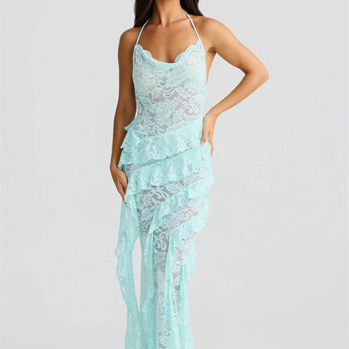 Load image into Gallery viewer, Lace Backless Sexy Maxi Dress Women Gown Halter Lace-up Sleeveless Bodycon Elegant Ruffle Beach Club Long Dress 2025
