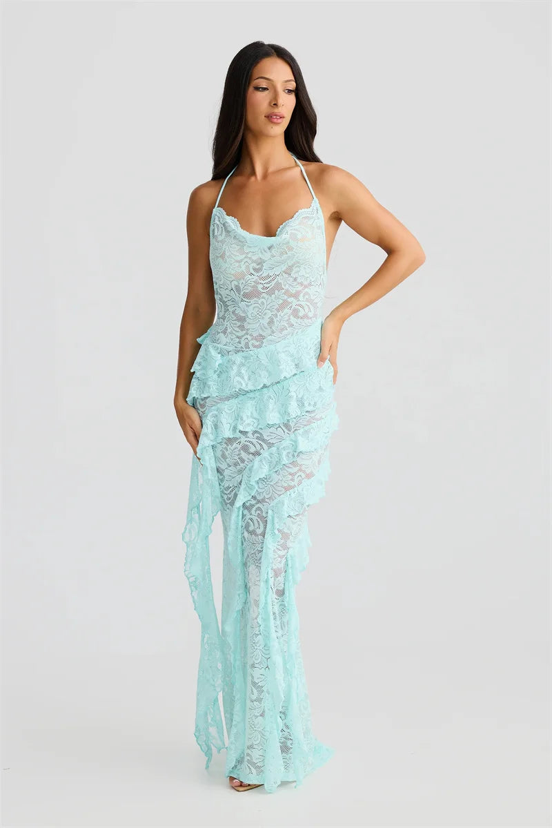 Lace Backless Sexy Maxi Dress Women Gown Halter Lace-up Sleeveless Bodycon Elegant Ruffle Beach Club Long Dress 2025