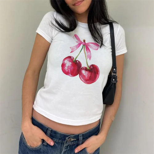 Load image into Gallery viewer, y2k Baby Tees Women Casual Graphic Print Round Neck Short Sleeve Cropped T Shirts 2000s Aesthetic Clothes Streetwear
