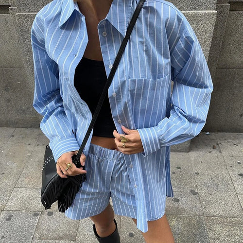 Load image into Gallery viewer, Casual Harajuku Striped Women&#39;s Autumn Set Long Sleeve Shirt+Shorts Oversized Streetwear Two Pieces Fashion Outfits
