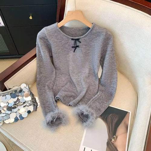 Load image into Gallery viewer, Autumn Winter Blue Bow Long Sleeves Knitted Sweater French Fashion Women's Grey Round Neck Elegant Short Tops Streetwear Trendy
