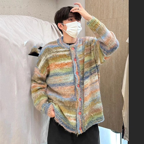 Load image into Gallery viewer, Men's Sweater New Spring Stripes Contrast Color Knitted Male Loose Casual Single Breasted Cardigan Handsome Knits 9W1478
