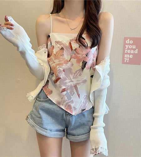 y2k Camisole Top for Women Floral Print Spaghetti Strap Sleeveless Backless Vest 2000s Aesthetic Clothing Streetwear