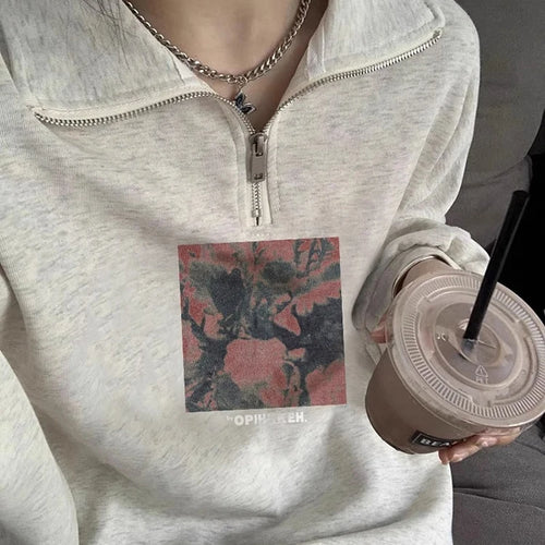 Load image into Gallery viewer, Loose Printing Polo Neck Female Hoodies Fashion Simple Office Ladies Solid Color Zipper Casual Pullovers Women&#39;s Hoodies
