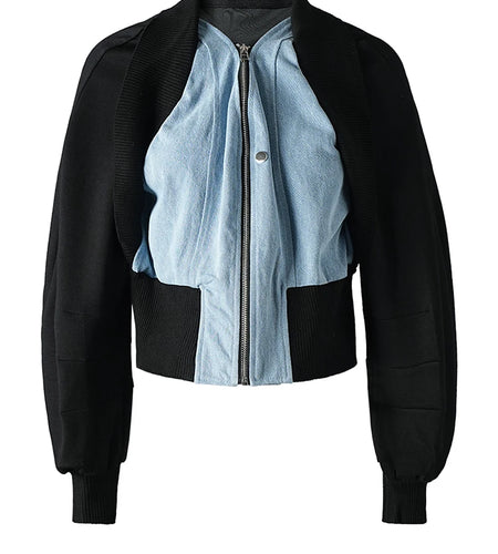 Black Denim Color-block Short Casual Jacket New V-neck Long Sleeve Women Coat Fashion Tide Spring Autumn 2025 CP3514