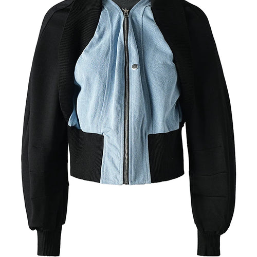 Load image into Gallery viewer, Black Denim Color-block Short Casual Jacket New V-neck Long Sleeve Women Coat Fashion Tide Spring Autumn 2025 CP3514
