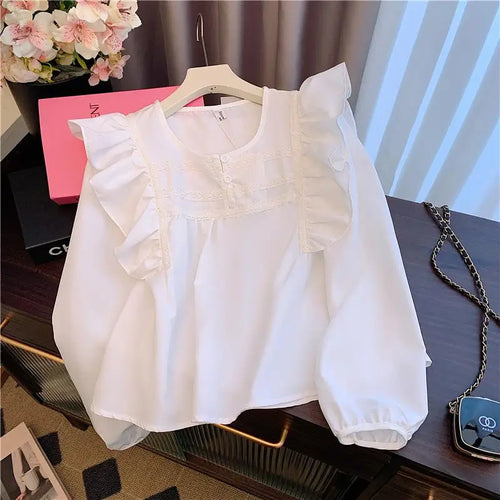 Load image into Gallery viewer, Vintage French White Elegant Loose Button Party Shirt Sweet Long Sleeves Ruffles O Neck Tops Women Orange Office Lady Blouse New
