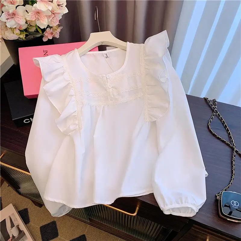 Vintage French White Elegant Loose Button Party Shirt Sweet Long Sleeves Ruffles O Neck Tops Women Orange Office Lady Blouse New