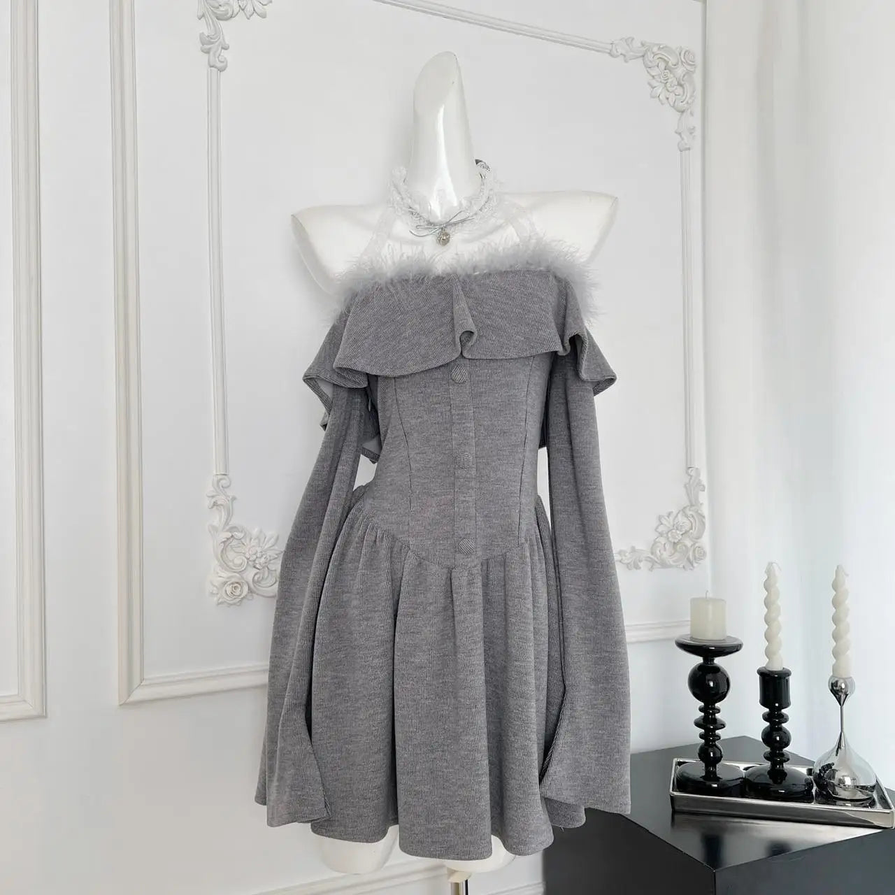 Autumn Ladies Grey Patchwork Lace Ruffles Halter Party Mini Dress Chic High Waist Sexy Club Elegant Backless Pleated Short Dress