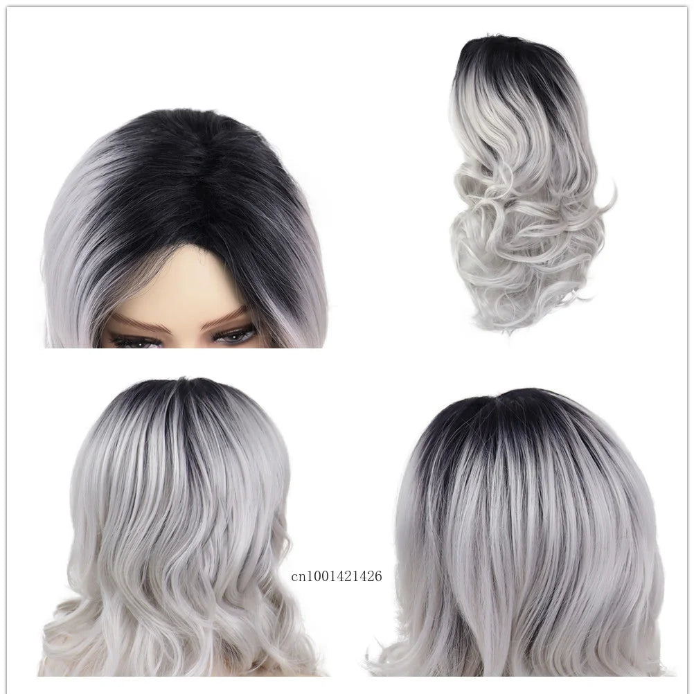 Synthetic Fiber Long Wavy Wigs for White Women Gradient Color Black Roots Silver Grey Wigs with Side Bangs Curly Hair Wig Mother