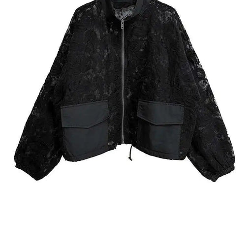 Load image into Gallery viewer, Black Lace Jacket Pocket Skirt Two Pieces Suit New Stand Collar Long Sleeve Women Fashion Tide Spring Autumn 2025 1DJ0248
