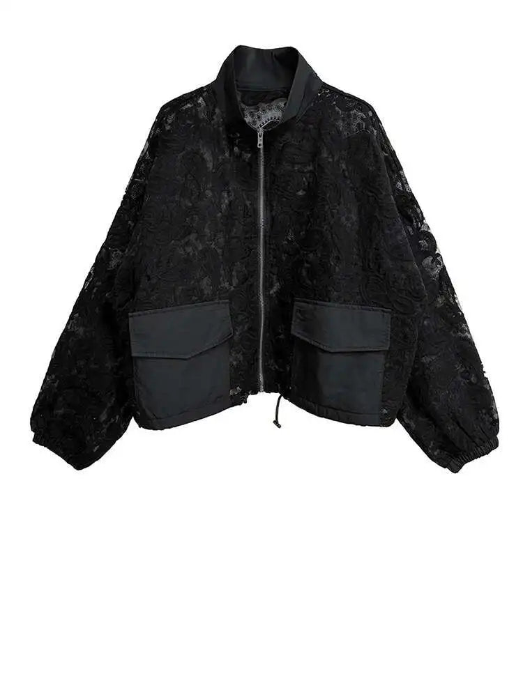 Black Lace Jacket Pocket Skirt Two Pieces Suit New Stand Collar Long Sleeve Women Fashion Tide Spring Autumn 2025 1DJ0248