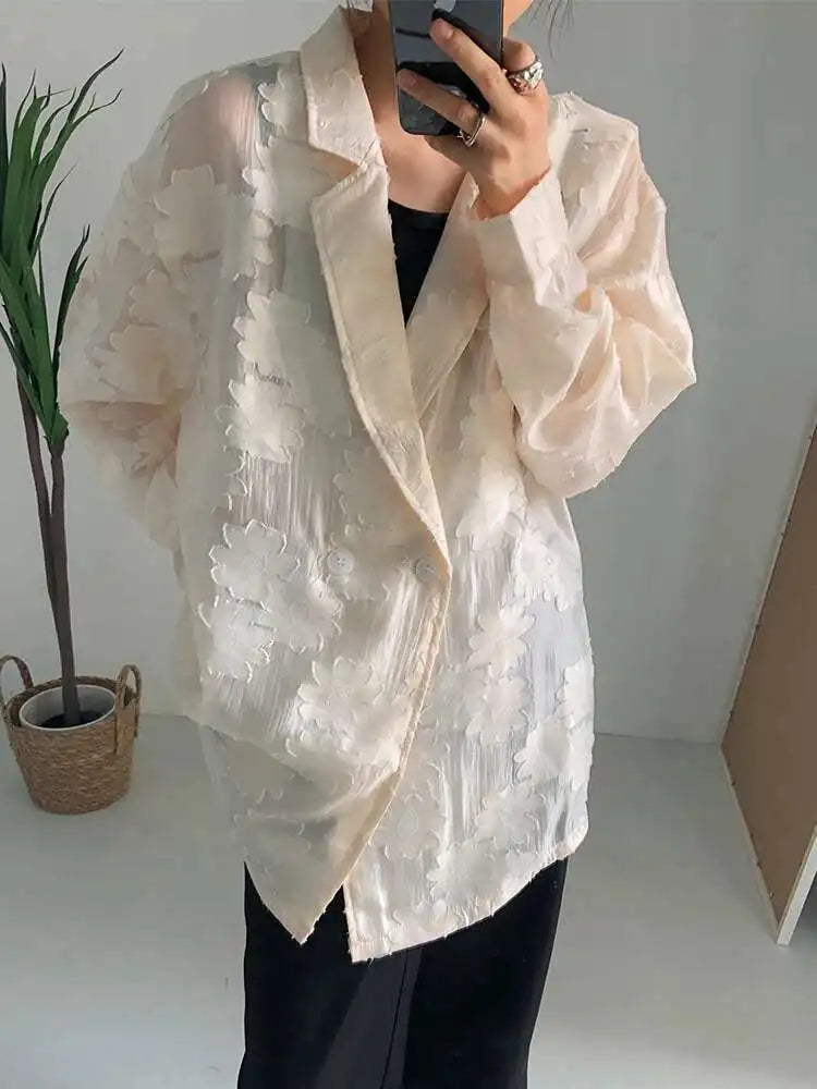 Women Beige Jacquard Embroidery Big Size Blouse New Lapel Long Sleeve Loose Fit Shirt Fashion Spring Autumn 2025 1DF1478