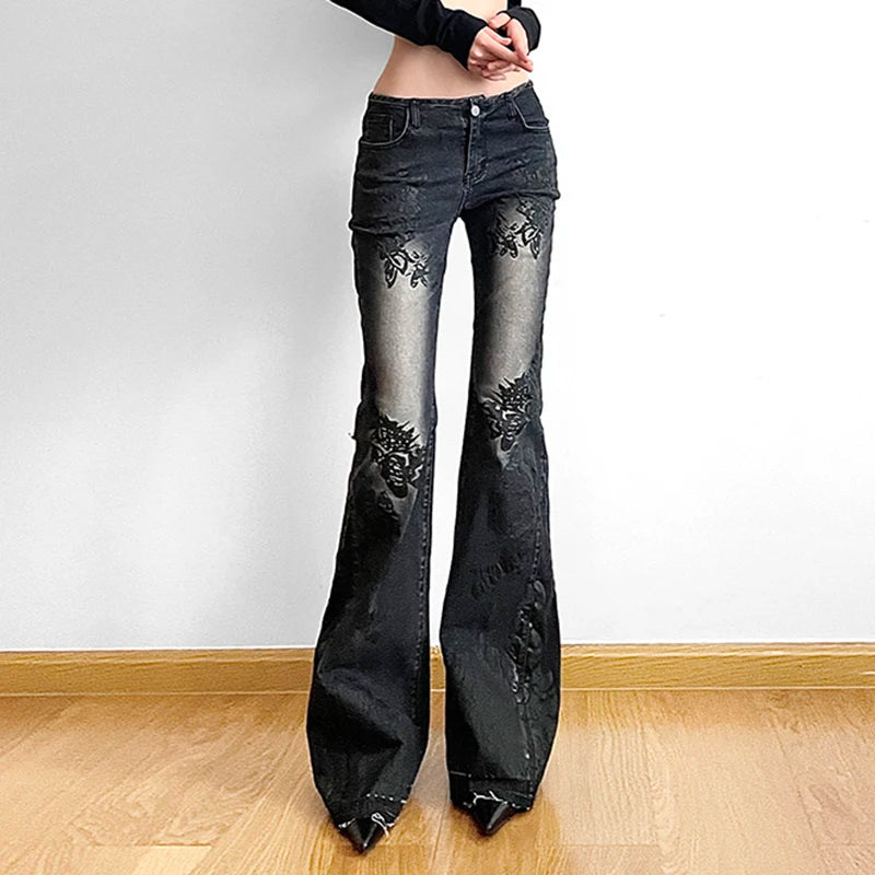 Fairycore Vintage Floral Skinny Flare Jeans Denim Low Rise Y2K Chic Aesthetic Women Trousers Distressed Gothic Pants