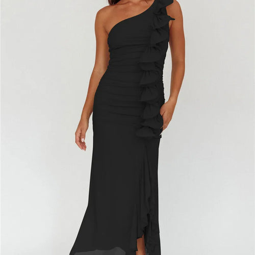 Load image into Gallery viewer, One Shoulder Draped Ruffle Maxi Dress Women Gown Fashion Diagonal Collar Backless Sleeveless Split Long Dress Elegant
