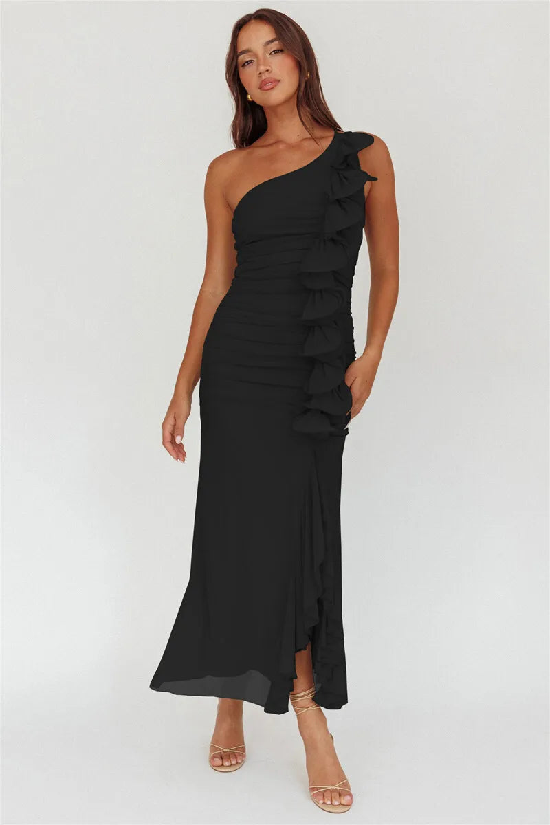 One Shoulder Draped Ruffle Maxi Dress Women Gown Fashion Diagonal Collar Backless Sleeveless Split Long Dress Elegant
