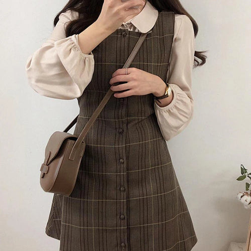 Load image into Gallery viewer, Cute Mini New Year Date Dresses Sleeveless Vest Women Korea Japanese Style Design Retro Vintage Plaid Button Shirt Dress
