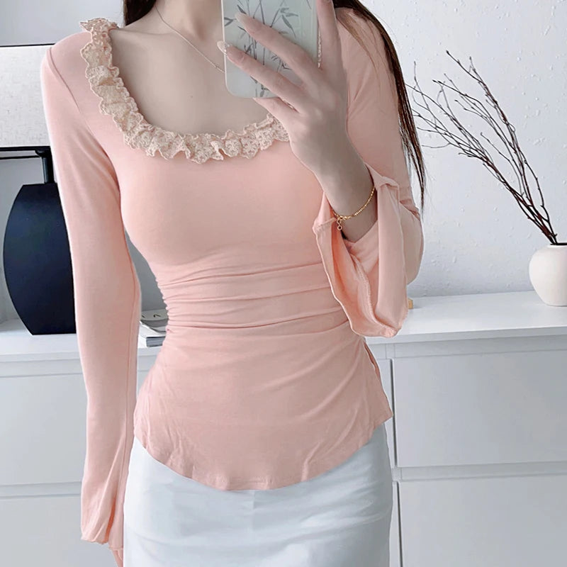 y2k Tops Women Coquette Clothing Ruffle Trim Scoop Neck Long Sleeve T Shirts Fairycore Aesthetic Clothes Streetwear
