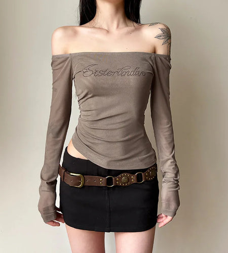 Vintage Slash Neck Diamond Letter Tshirts Streetwear Gauze Slim Fairy Tees Women Y2k Aesthetic Irregular Grunge T-shirts Sexy