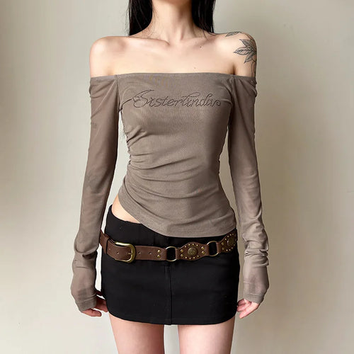 Load image into Gallery viewer, Vintage Slash Neck Diamond Letter Tshirts Streetwear Gauze Slim Fairy Tees Women Y2k Aesthetic Irregular Grunge T-shirts Sexy
