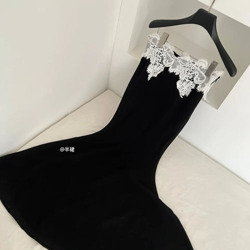 Load image into Gallery viewer, Spring Women&#39;s Black Patchwork Lace Hooded Zipper Halter Short Tops And High Waist Fishtail Skirt Festival Two Piece Set Popular
