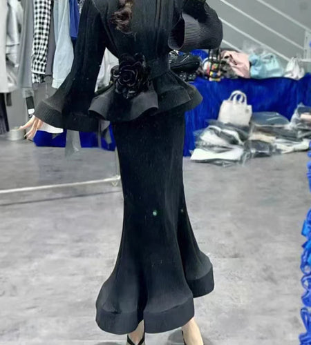 Hit Color Spliced Belt Two Piece Set For Women O Neck Long Sleeve Top High Wait Slimming Skirt Sets Female Fashion