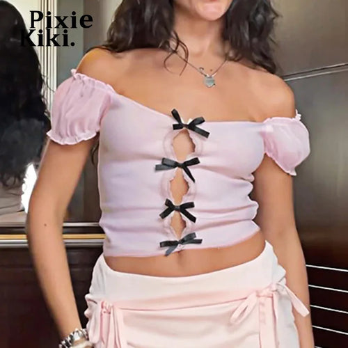 Load image into Gallery viewer, Mesh Bubble Sleeve Hollow Bow Shirts &amp; Blouses Cute Pink Crop Tops Girly Y2k Summer Clothes Women 2024 P67-BE10
