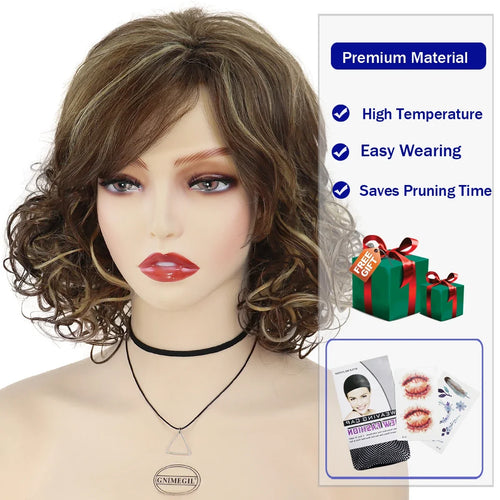 Load image into Gallery viewer, Synthetic Fiber Highlights Hairs Wigs for White Women Short Wig with Bangs Curly Wigs for Mother Gifts Brown Mommy Wig
