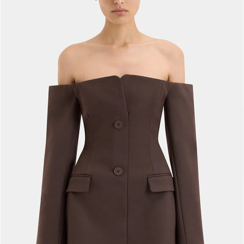 Load image into Gallery viewer, Off-shoulder Strapless Sexy Blazer Dress For Women Fashion Solid Zipper Two Pocket Long Sleeve Backless Mini Dress
