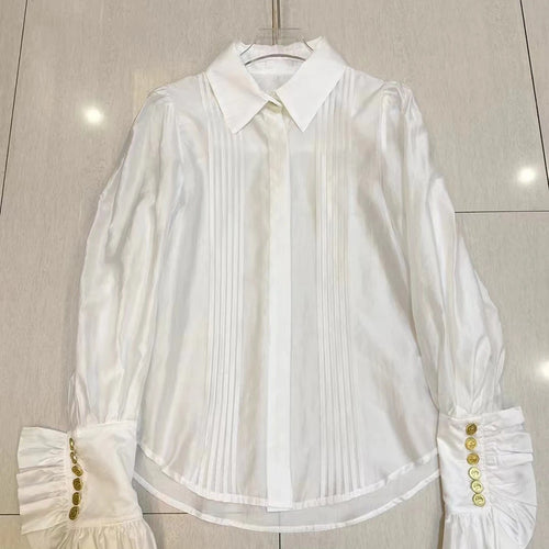 Load image into Gallery viewer, Solid Spliced Folds Fashion Shirts for Women Lapel Long Sleeves Patchwork Buttons Minimalsit Shirt Female Clothing
