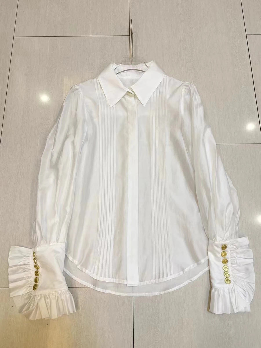 Solid Spliced Folds Fashion Shirts for Women Lapel Long Sleeves Patchwork Buttons Minimalsit Shirt Female Clothing