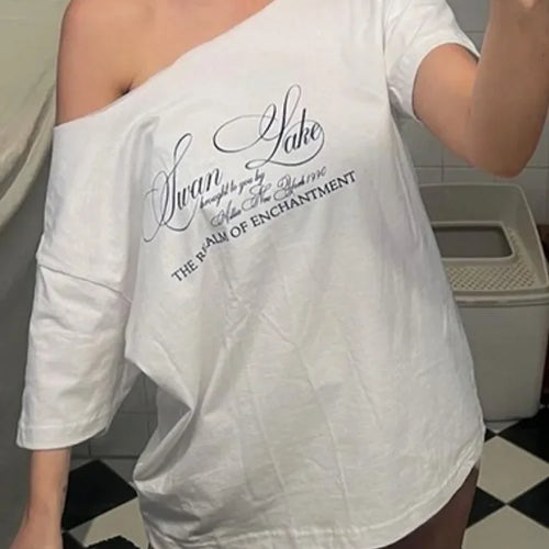 Load image into Gallery viewer, Y2k Aesthetic Casual Off Shoulder T-shirt Loose Letter Printing Harajuku Tshirts Grunge Vintage Streetwear Oversized Tee Shirts
